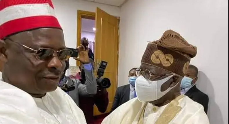 Presidential candidates of the APC and NNPP, Bola Tinubu and Musa Kwankwaso captured in a warm embrace. [Daily Trust]