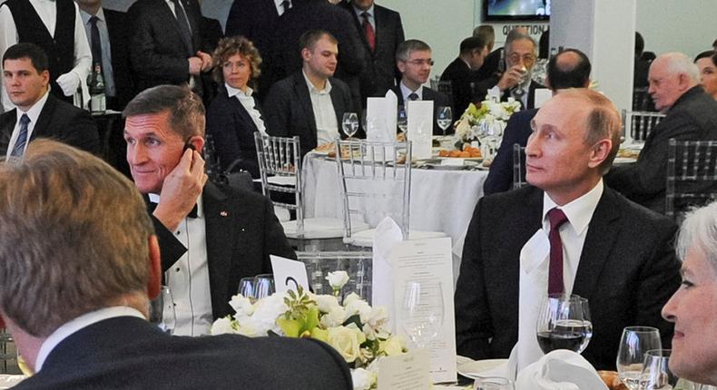 Michael Flynn with Russian President Vladimir Putin at a gala celebrating the 10th anniversary of Russia Today in Moscow, Russia on December 10, 2015.
