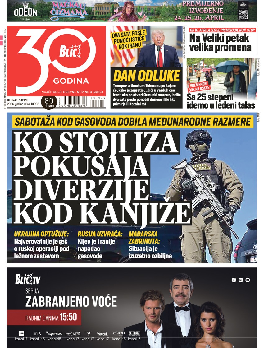 Blic naslovna strana za 7.4.