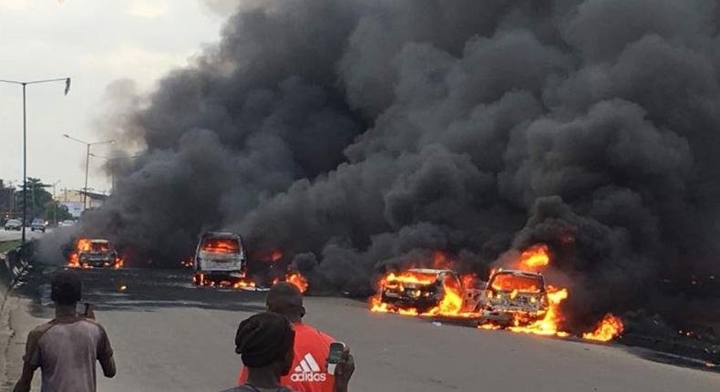 Scene of a petrol tanker fire incident which occurred at Berger area of Lagos on June 28, 2018.