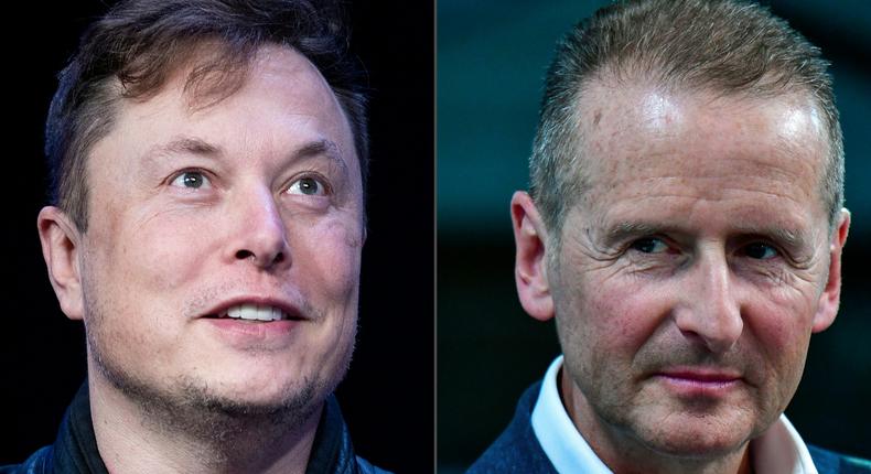 Tesla CEO Elon Musk, left, and Volkswagen CEO Herbert Diess.
