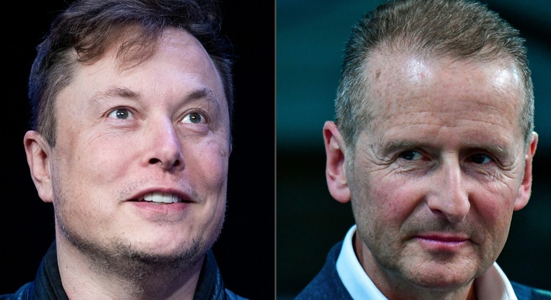 Tesla CEO Elon Musk, left, and Volkswagen CEO Herbert Diess.
