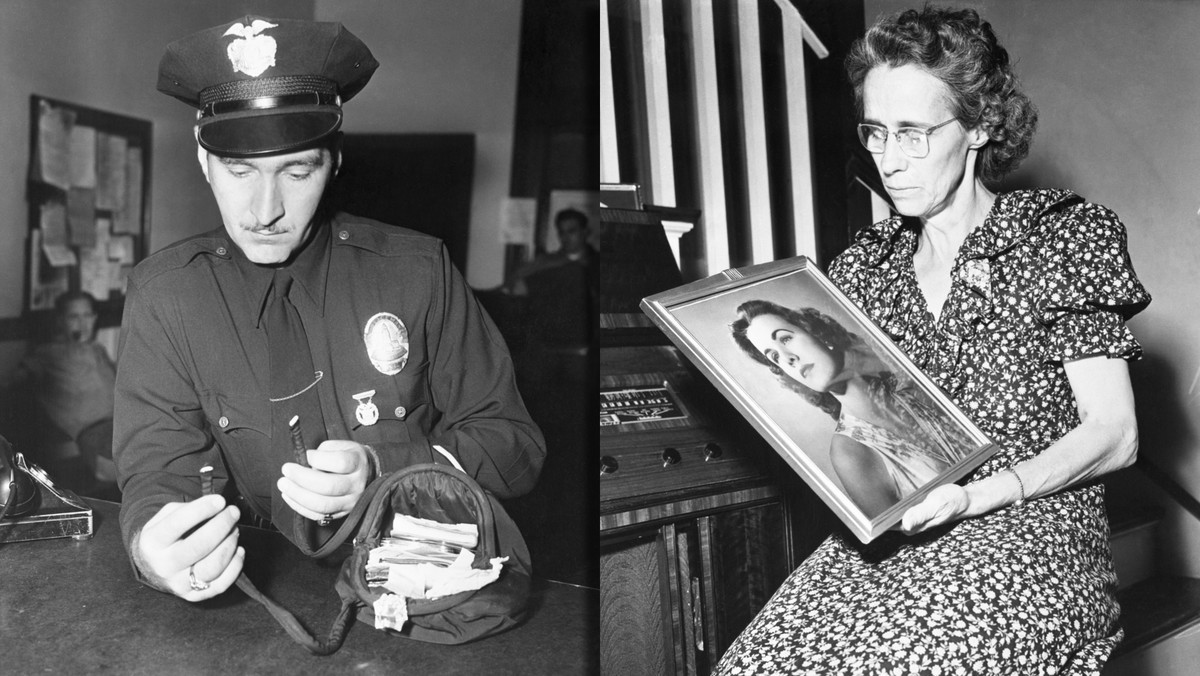 Policjant z torebką Jean Spangler; obok matka aktorki