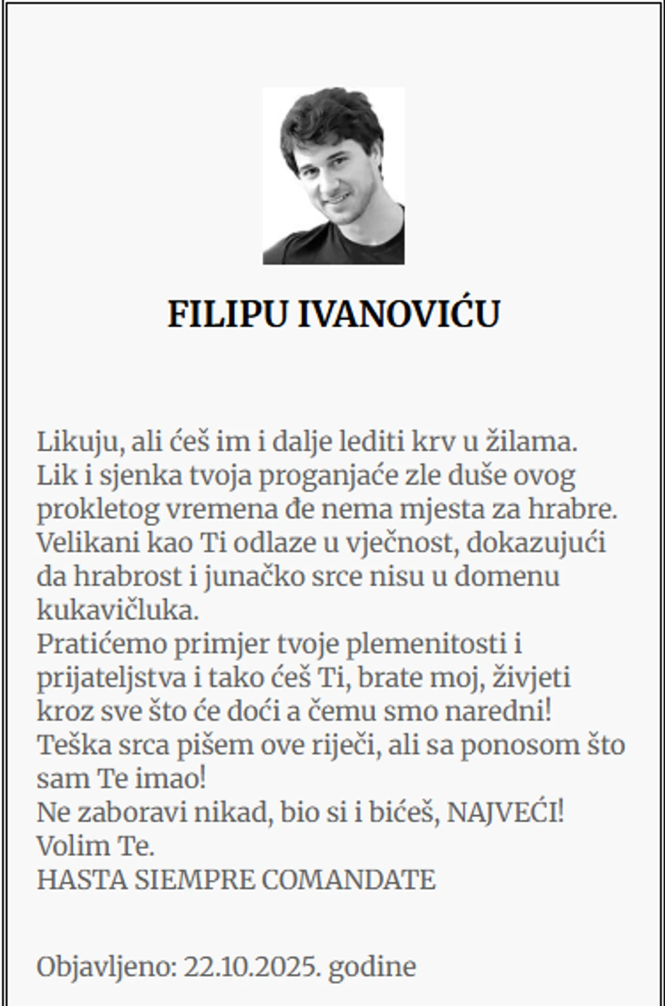 Čitulja Filipu Ivanoviću