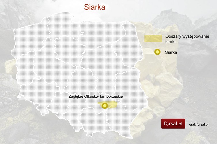 Siarka. Polska dysponuje największymi na świecie zasobami siarki rodzimej. W 2012 roku polskie zasoby siarki rodzimej szacowano na 511 mln ton, wydobycie zaś wyniosło 0,702 mln ton. Głównymi obszarami, gdzie występują złoża siarki, są okolice Tarnobrzega (Osiek, Baranów, Machów, Jeziórko), Staszowa (Solec i Grzybów) oraz Lubaczowa (Basznia). Polska w latach zapotrzebowania na ten surowiec była jednym z największych jego eksporterów. Ze względu na niższy koszt i mniejsze ryzyko dla środowiska naturalnego siarkę pozyskuje się obecnie w procesie odsiarczania ropy naftowej.
