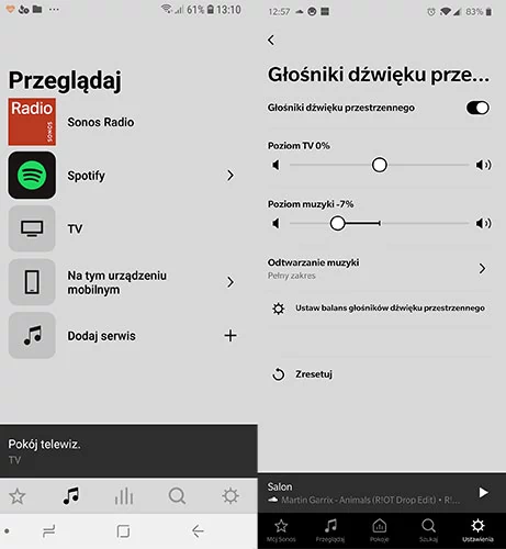 Wybór muzyki jest bardzo łatwy dzięki aplikacji Sonos. Dźwięk przestrzenny dla telewizora i muzyki można również ustawić osobno w aplikacji