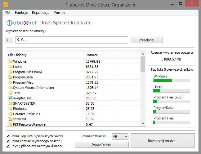 Główne okno programu do analizy stanu dysku twardego - 1-abc.net Drive Space Organizer