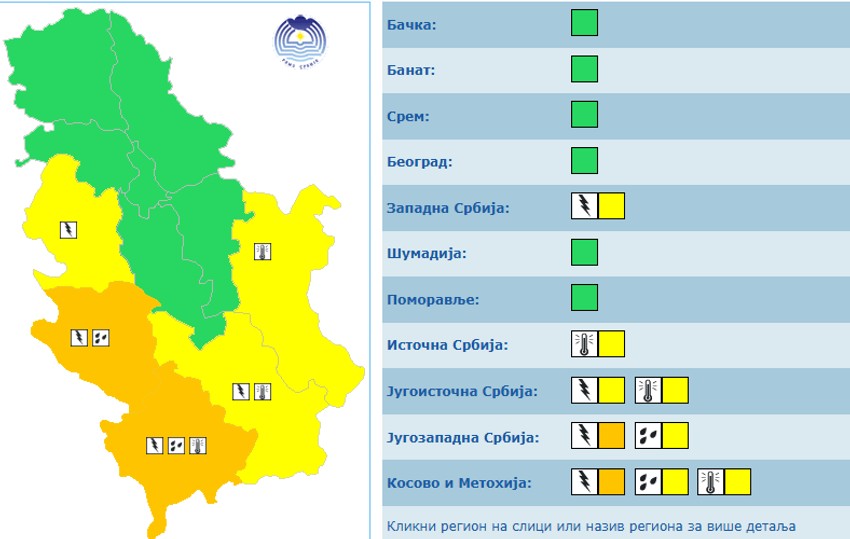 Meteoalarm danas u Srbiji 