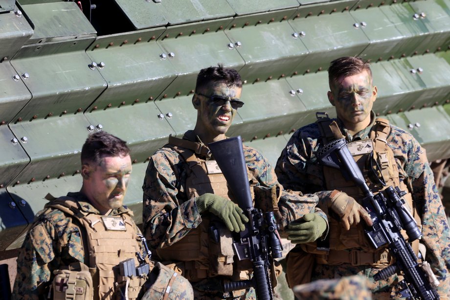 US Marines take a break during the annual multinational, maritime-focused NATO exercise BALTOPS 2017, near Ventspils, Latvia, June 6, 2017.