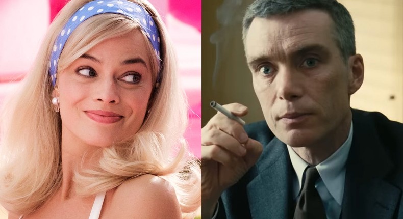 Left: Margot Robbie as Barbie in Barbie. Right: Cillian Murphy as J. Robert Oppenheimer in Oppenheimer.Jaap Buitendijk/Warner Bros.; Universal Pictures