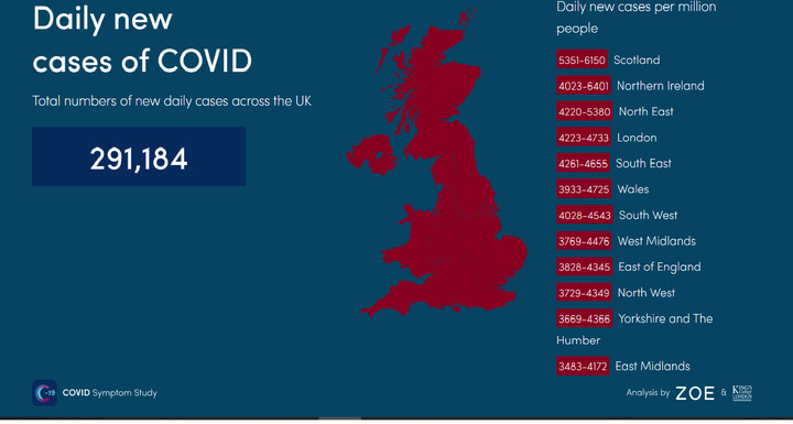 Dzienna liczba zachorowań w Wielkiej Brytanii wg ZOE COVID