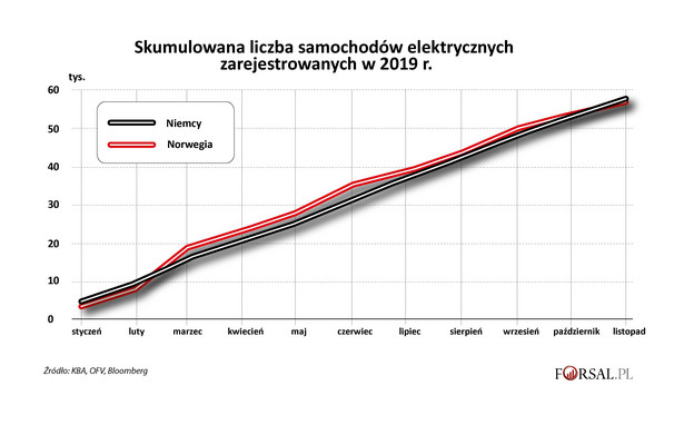 Skumulowana liczba aut elektryczych zarejestrowanych w 2019 r.