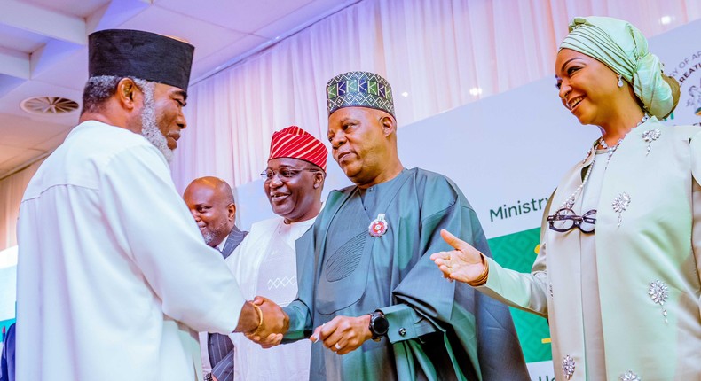 Vice President, Kashim Shettima, flanked on the right by the Minister of Art, Culture and Creative Economy, Barrister Hannatu Musawa, exchanging pleasantries with Nollywood veteran, Zack Orji. [Presidency]