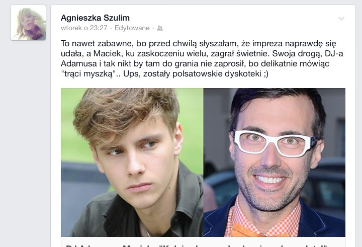 Agnieszka Szulim na Facebooku o konflikcie DJ Adamus - Maciek Musiał