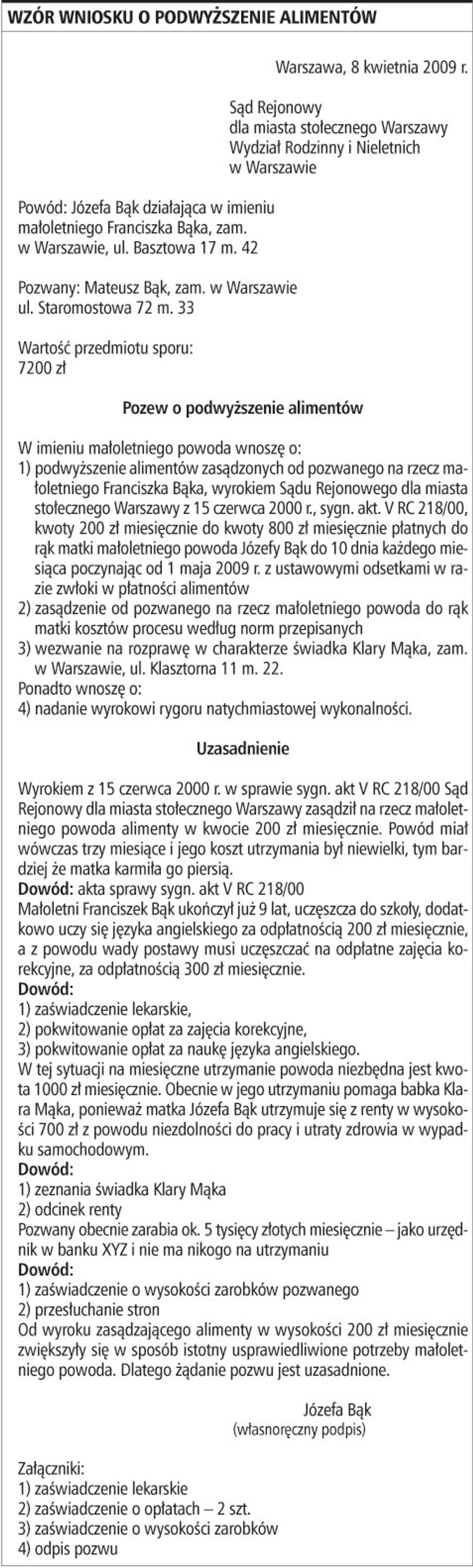 Wzór wniosku o podwyższenie alimentów