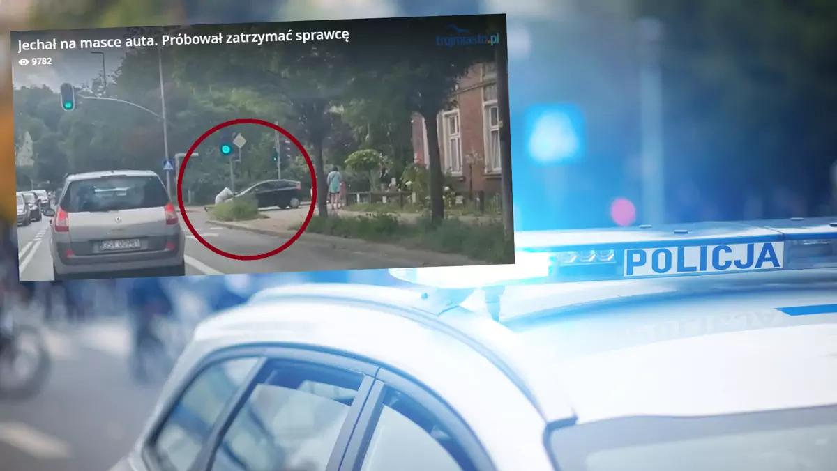 Dramatyczne nagranie z Gdańska Jechał na masce samochodu (fot. screen: tv.trojmiasto.pl)