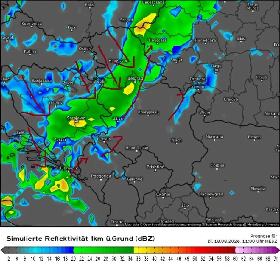 Mapa padavina za utorak oko 11 sati
