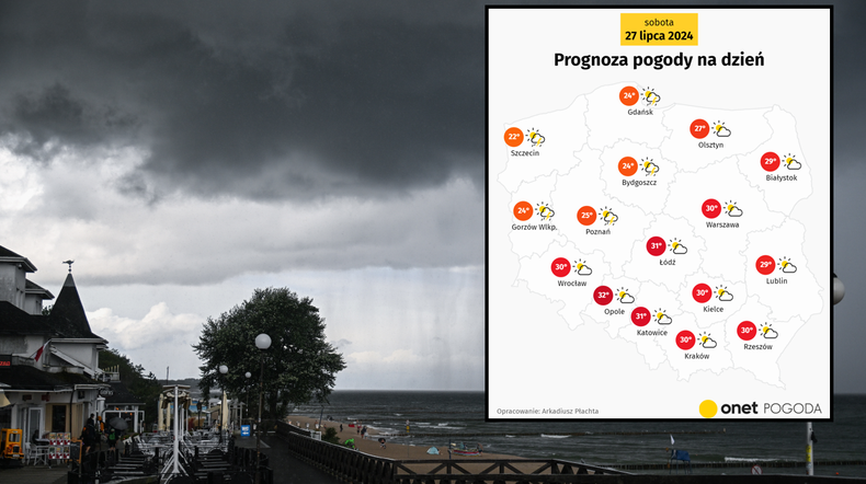 Czeka nas niespokojna sobota. Najpierw upał, potem ulewy i burze (mapa: Onet Pogoda)