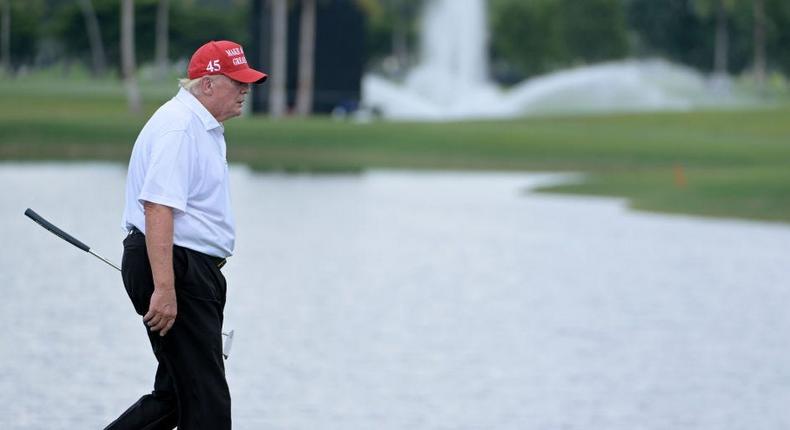 Former U.S. President Donald Trump walks the 18th hole during a pro-am prior to the LIV Golf Invitational - Miami at Trump National Doral Miami on October 27, 2022 in Doral, Florida.Charles Laberge/LIV Golf via Getty Images