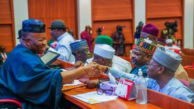 Nigerian senators with Senate President Godswill Akpabio (left) [Tope Brown]