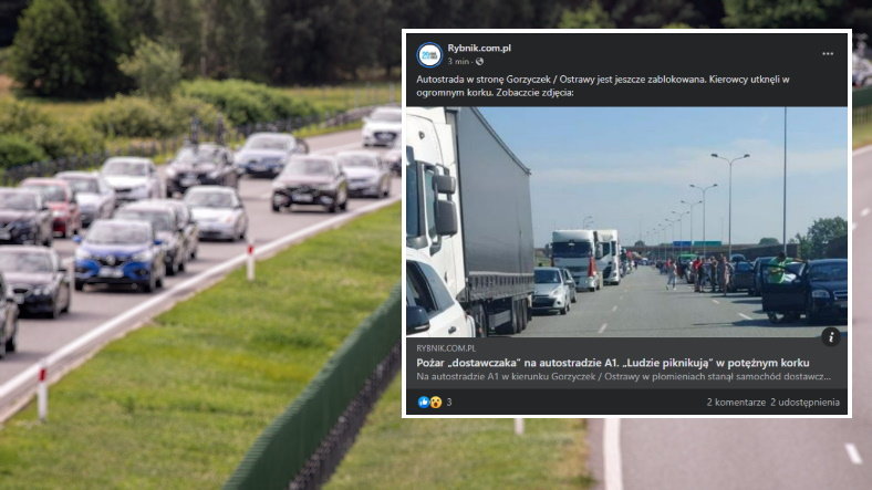 Korek na autostradzie A1 (screen: Facebook/Rybnik.com.pl)
