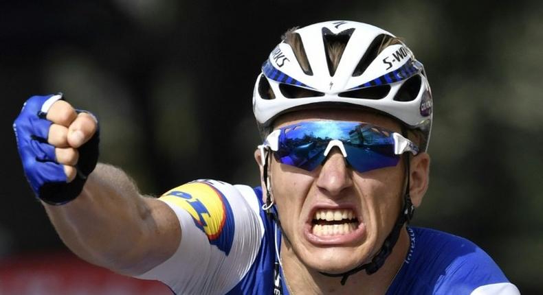 Germany's Marcel Kittel celebrates as he crosses the finishing line in the sixth stage of the Tour de France in Troyes, France on July 6, 2017