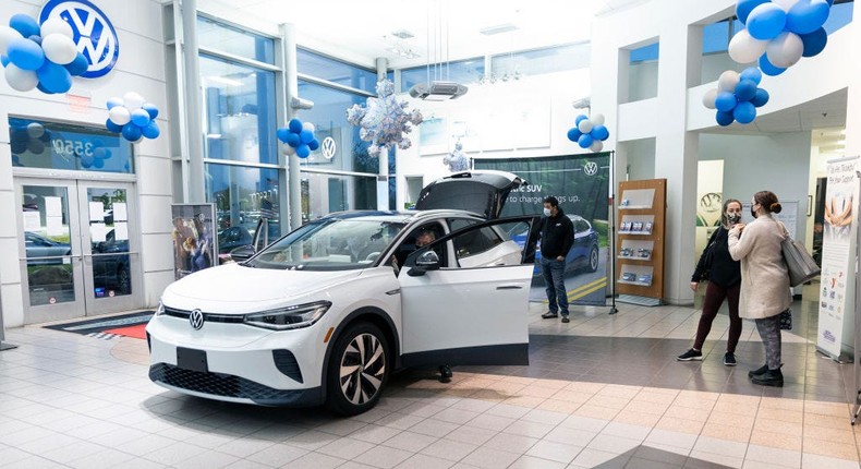 A Volkswagen ID.4 electric car on display at a VW dealership in CaliforniaJosh Lefkowitz/Getty Images