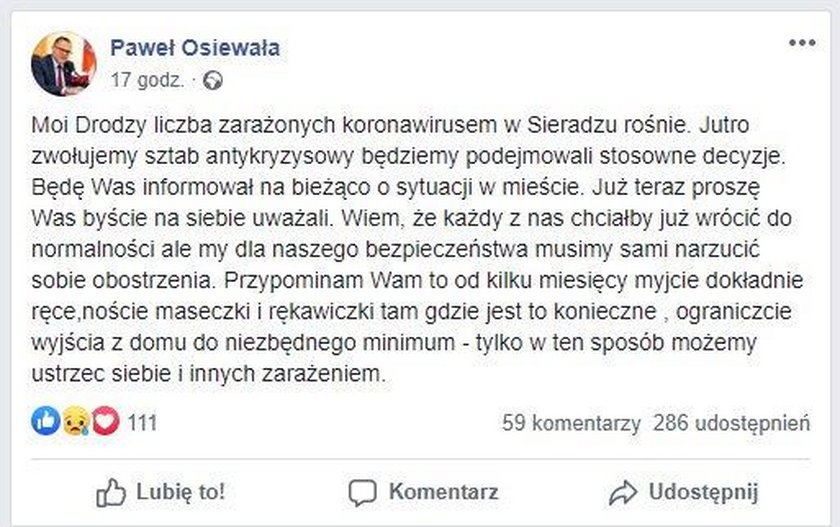 Wpis prezydenta Sieradza Pawła Osiewały