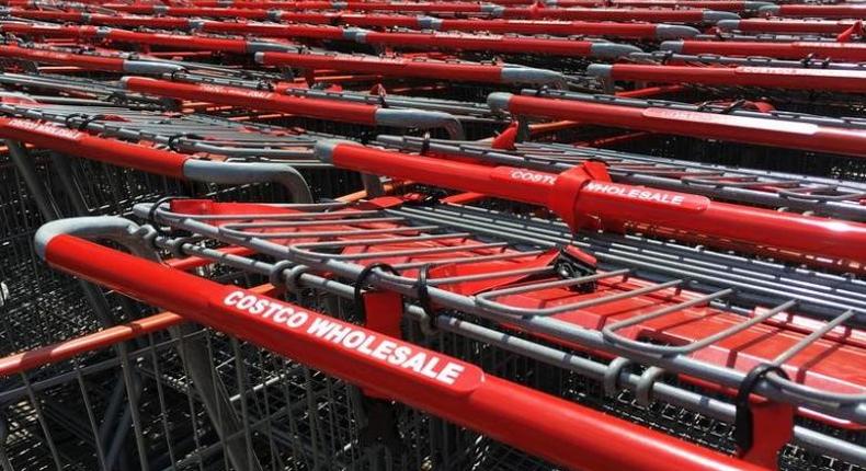 Shopping carts are seen outside a Costco Wholesale warehouse club in Westbury, New York,