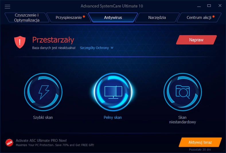 Główne okno rozbudowanego programu do optymalizacji systemów operacyjnych Windows - Advanced SystemCare Ultimate