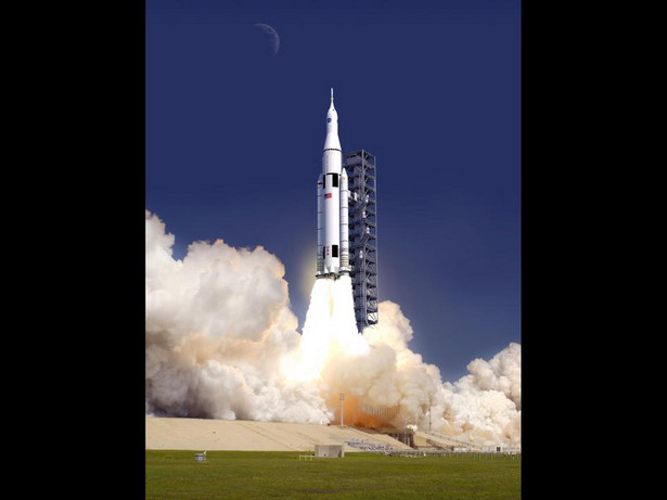 Artystyczna wizualizacja planowanej rakiety kosmicznej SLS, źródło NASA
