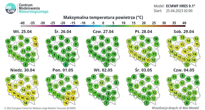 Prognoza temperatury maksymalnej w Polsce w dniach 25 kwietnia - 4 maja