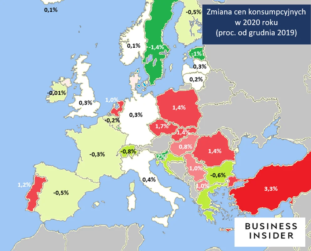 Zmiany cen w Europie od stycznia do kwietnia 2020 r.