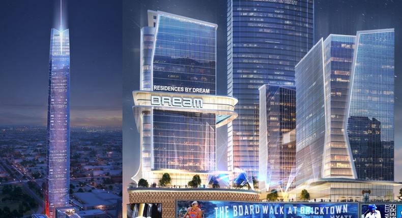 The tallest building in the US is being proposed for Oklahoma City, left, as part of a giant complex called The Boardwalk at Bricktown (right).Courtesy of AO