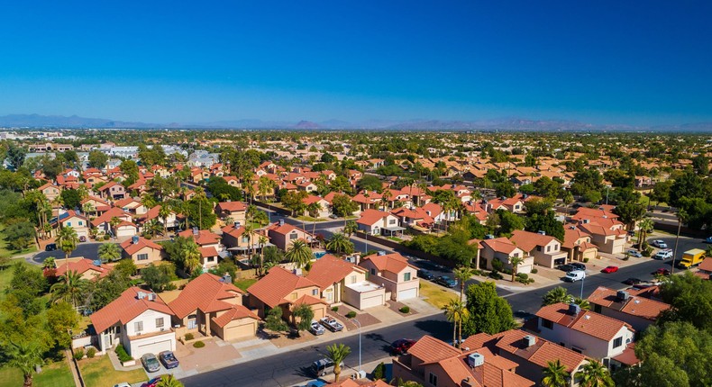 Aerial view of a residential area with houses in the Phoenix suburb of Chandler.Getty Images