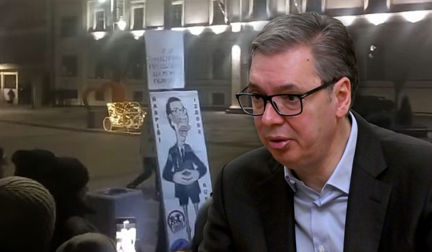 Protest u Čačku gađanje karikature sa Vučićevim likom