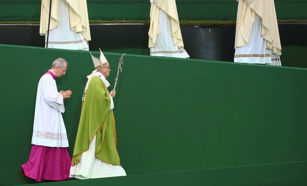 Pope Francis arrives to celebrate a mass at the Renato Dall'Ara stadium during a pastoral visit in B