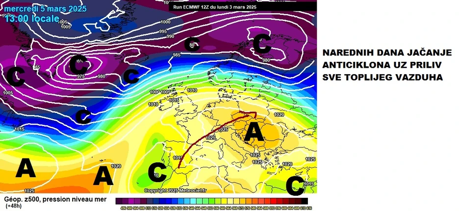 Mapa jačanja anticiklona uz priliv sve toplijeg vazduha 