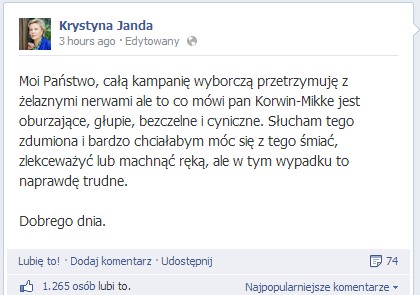 Post z Facebooka Krystyny Jandy