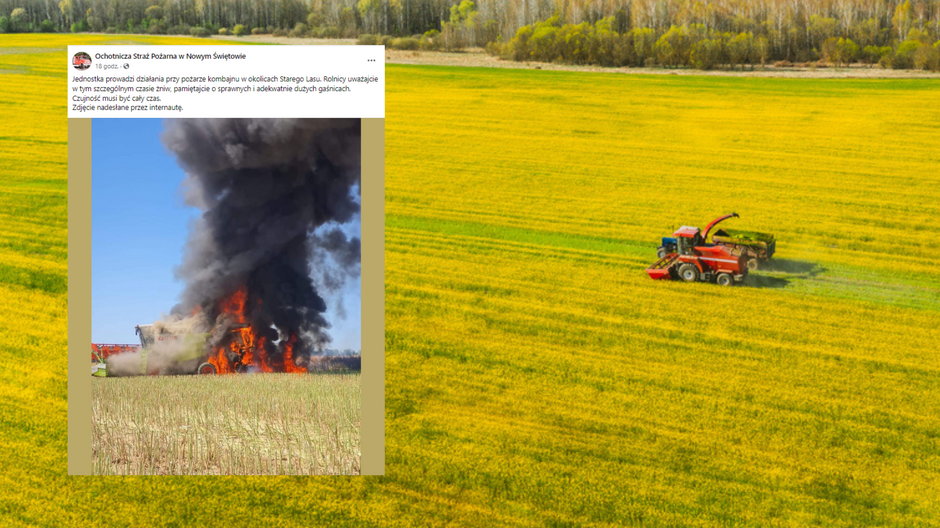 Pożar strawił doszczętnie kombajn, który 19 lipca w miejscowości Nowy Świętów pracował na polu rzepaku (fot. Ochotnicza Straż Pożarna w Nowym Świętowie)