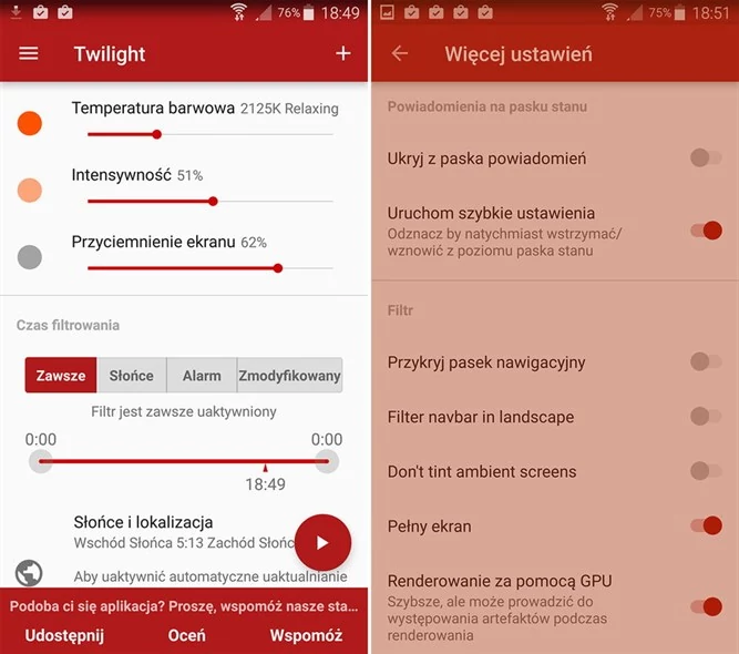 Twilight nie ma tak wielu ustawień jak konkurencyjne aplikacje, ale działa bez najmniejszego zarzutu.