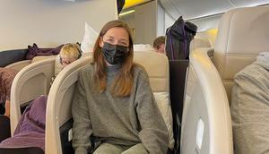 The author in her business-class seat on an Air New Zealand long-haul flight.Monica Humphries/Business Insider