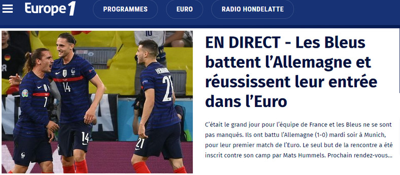 Site Europe1.fr après le match France - Allemagne
