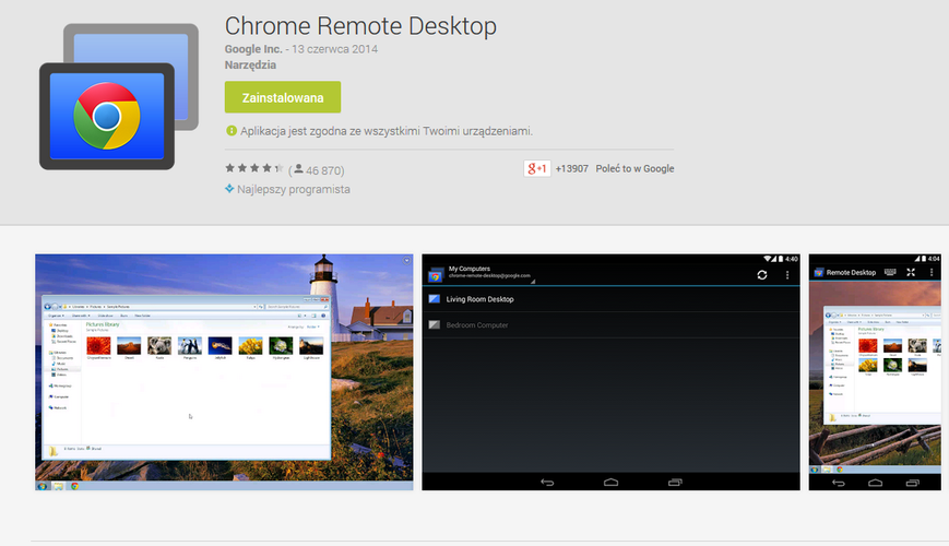 <b>Chrome Remote Desktop</b>
<br><br>
Aplikacja umożliwia zdalny dostęp do komputera z poziomu smartfona z systemem Android. Wystarczy pobrać odpowiednie rozszerzenie do przeglądarki Chrome i połączyć się z urządzeniem za pomocą Chrome Remote Desktop. Aplikacja działa bardzo płynnie i sprawdzi się również jako pilot zdalnego sterowania.