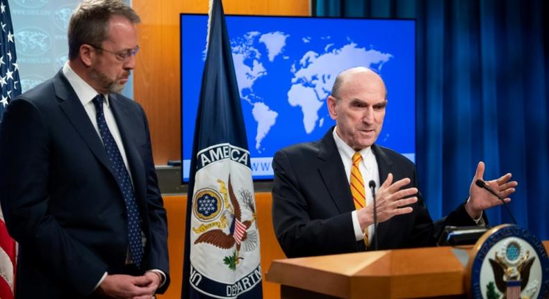 US Special Representative for Venezuela Elliott Abrams (right) and Charge d'Affaires for Venezuela James Story speak at the State Department