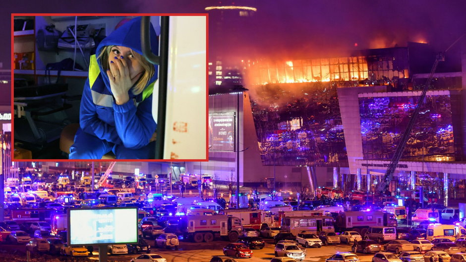 Płonący budynek sali koncertowej Crocus City Hall w Moskwie oraz lekarka w ambulansie nieopodal miejsca zamachu, 22 marca 2024 r.