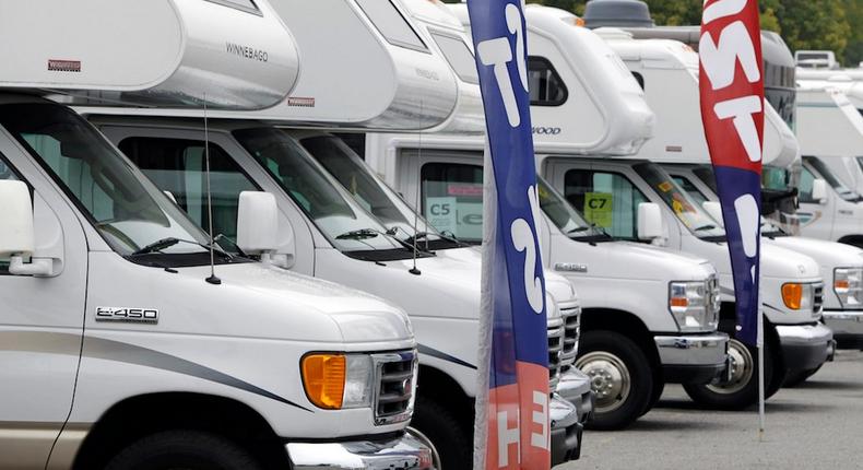 Winnebago vehicles for rent and sale are on display at a dealership in San Jose, Calif.