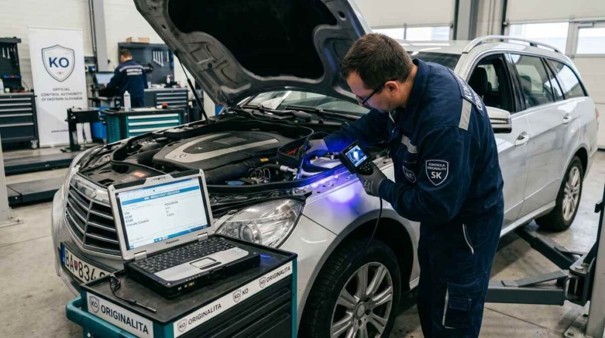 Pracovník slovenskej kontroly originality endoskopom a UV lampou preveruje skryté časti karosérie ojazdeného Mercedesu dovezeného z východnej Európy .&nbsp;Porovnáva VIN číslo z rámu tlmičov s údajmi v riadiacej jednotke motora a klimatizácie.&nbsp;Moderné metódy odhalia aj sofistikované „dvojičky“ a prešťepené identity v hodnote desiatok tisíc eur. 