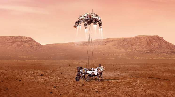 A videó a landolás utolsó perceit mutatja be egészen addig, amíg a robot kerekei elérik a Mars talaját /Fotó: MTI/AP/Amerikai űrkutatási hivatal (NASA)/