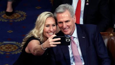 Republican Rep. Marjorie Taylor Greene of Georgia takes a selfie with Kevin McCarthy after his election as speaker of the House.Anna Moneymaker/Getty Images